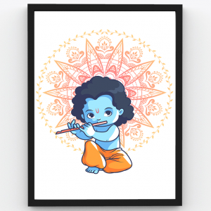 Cute Little Krishna playing Flute – Devotional Premium Poster Frame